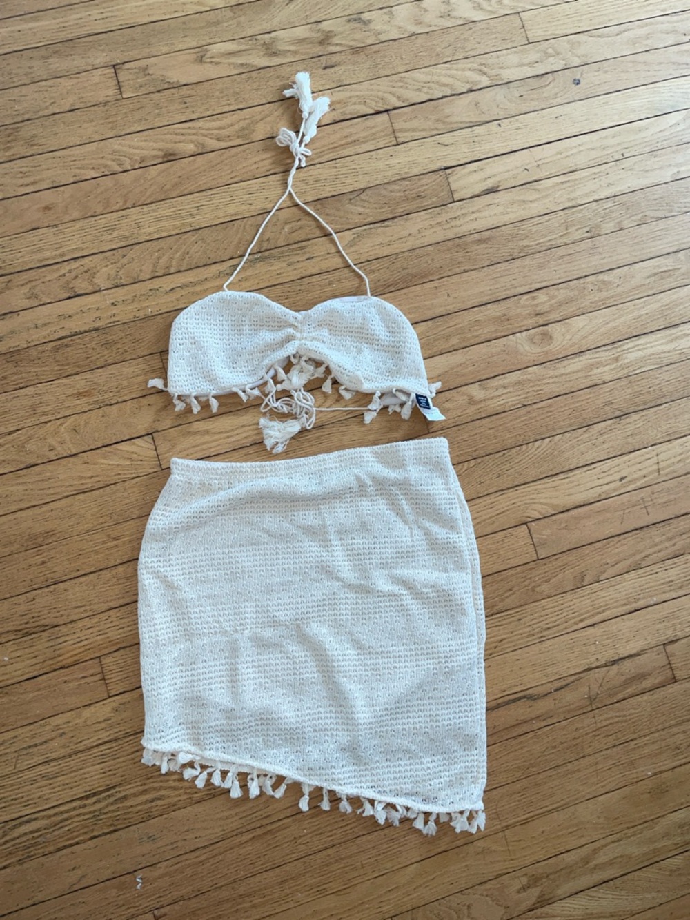 Crocheted Cream Tassel Set: Skirt & Halter Top
